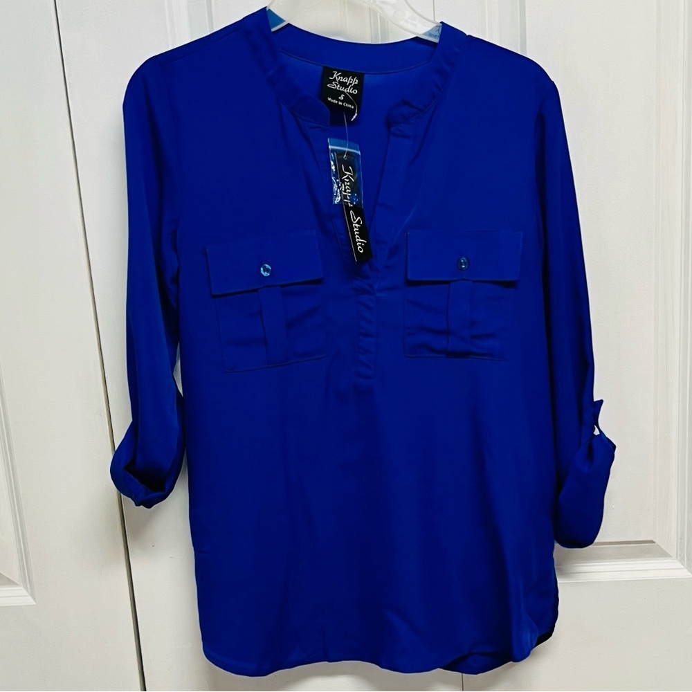 Kensie Studio V-Neck Utility Blouse in Royal Blue Size S NWT